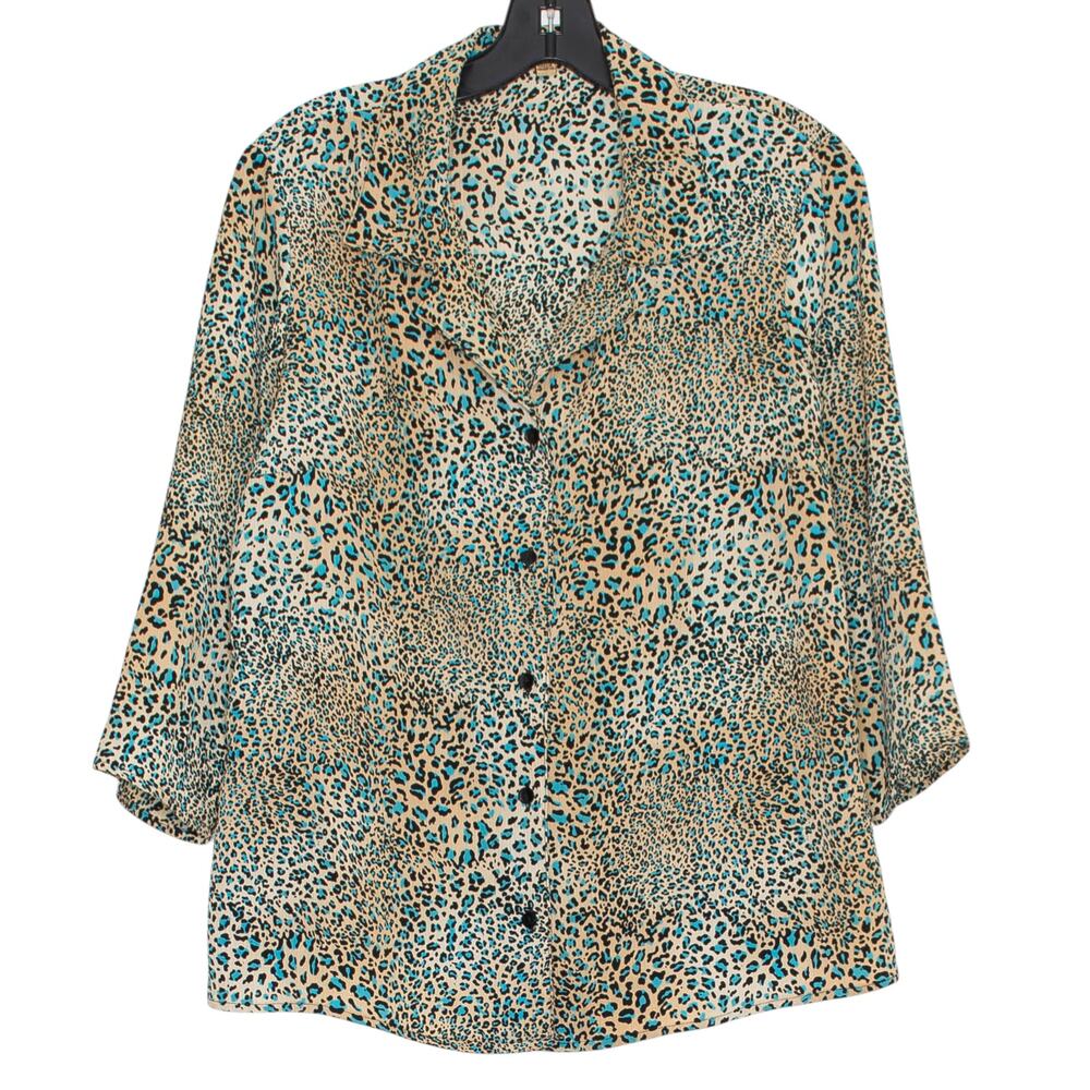 Vintage Notations Top 3/4 Sleeve Leopard Crinkle Animal Y2K Button Up Size Large